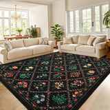 Garvee Farmhouse Area Rug 5x7 - Floral Diamond Pattern, Non-Slip & Machine Washable, 100% Polyester, Stain-Resistant Low Pile, Foldable Indoor Mat for Living Room & Bedroom - Black