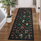Garvee Floral Printed Runner Rug 2x6, Non-Slip, Ultra-Thin, 100% Polyester, Stain-Resistant, Machine Washable, Indoor Use, Bedroom Kitchen Laundry - Black
