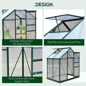 Garvee Polycarbonate Walk-in 6x4FT Outdoor Greenhouse with Aluminum Frame Sliding Door Adjustable Roof Vent for Backyard Garden Patio