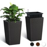 Garvee 16 Inch Rattan Planter Set of 2 with Water Level Monitor & Wheels, Durable Plastic, Self-Watering, Indoor/Outdoor Patio Decor - Brown