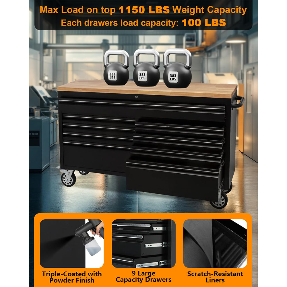 Garvee 9-Drawer Large Rolling Tool Chest, 61" Mobile Tool Storage Cabinet with Wheels and Wood Top, Garage Tool Box Organizer with Anti-Slip Liner for Warehouse, Workshop