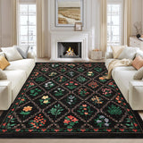 Garvee Washable Floral Area Rug 10x13 Non-Slip Stain-Resistant Polyester Low Pile Durable Farmhouse Bedroom Living Room Dining - Black