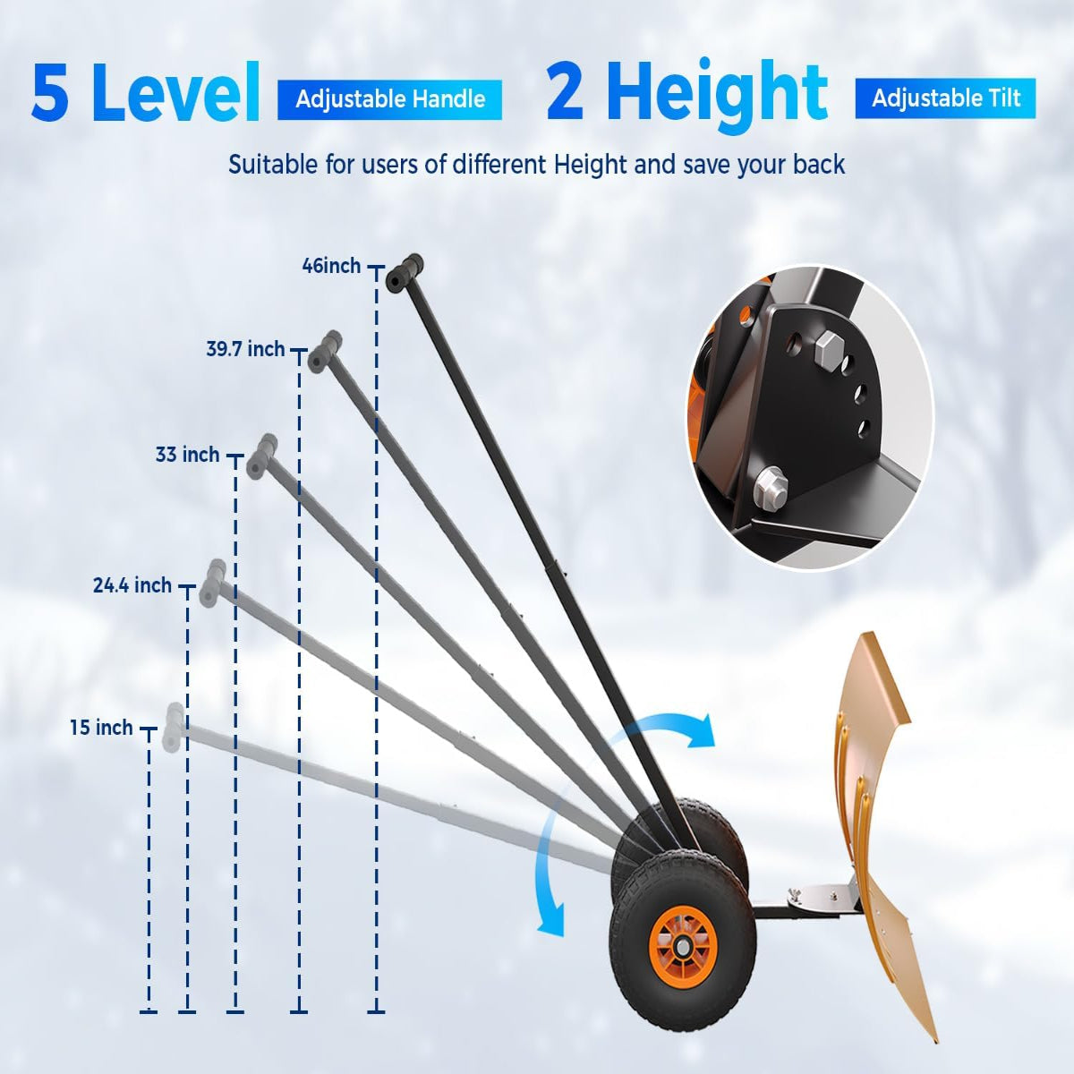 Garvee 29"W X 20"H Snow Shovel with Wheels for Driveway, 20" Wide Adjustable Snow Pusher with 5-Position Angle & Height Handle, Ergonomic Back-Saving Snow Removal Tool for Sidewalks, Yards & Patios - Orange