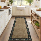 Garvee Bordered Brown 2x6 Entryway Rugs Floral Bordered Runner Non-Slip Low Pile Washable Polyester Kitchen Hallway Bedroom Mat - Brown|Black Bordered