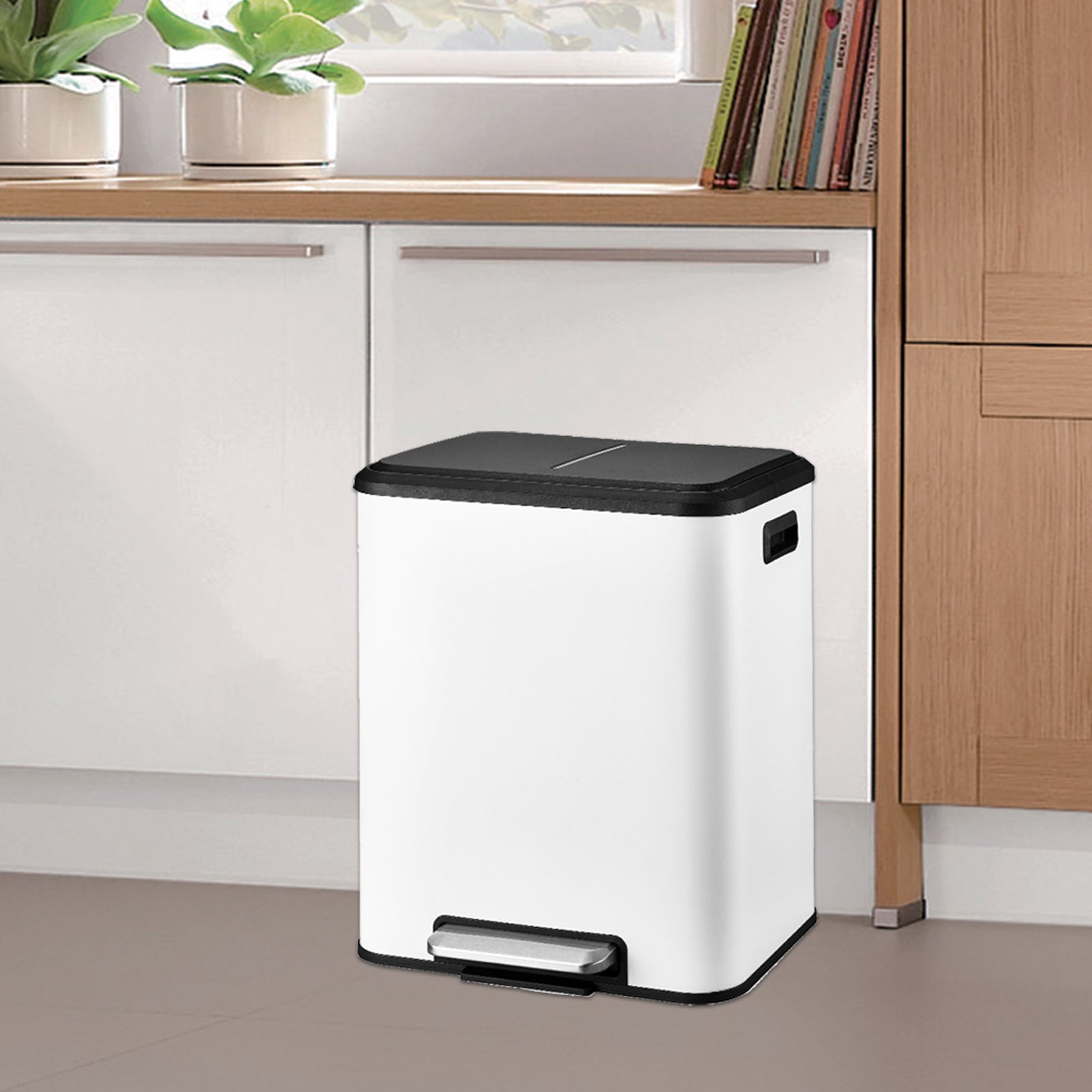 Garvee 8 Gallon Stainless Steel Dual Trash Can Recycling Bin with Removable Inner Bin and Soft Close Lid for Kitchen and Home Office, White