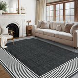Garvee Bordered Black 9x12 Washable Area Rug Low-Pile Stain Resistant Non-Slip Polyester Machine Washable Modern Living Room Bedroom Office - Black