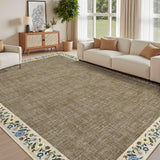 Garvee Bordered Taupe 9x12 Washable Floral Bordered Living Room Rug Soft Low Pile Non-Slip TPR Backing Polyester Machine Washable Foldable for Bedroom Dining Room Office - Taupe|Flax Bordered