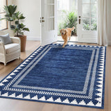Garvee Washable Rug 5x7 Unique Bordered Geometric Rug for Living Room,Modern Neutral Carpet with Non Slip TPR Backing, Soft Non Shedding Floor Covering, Low Pile Foldable Mat for Nursery,Blue - Blue