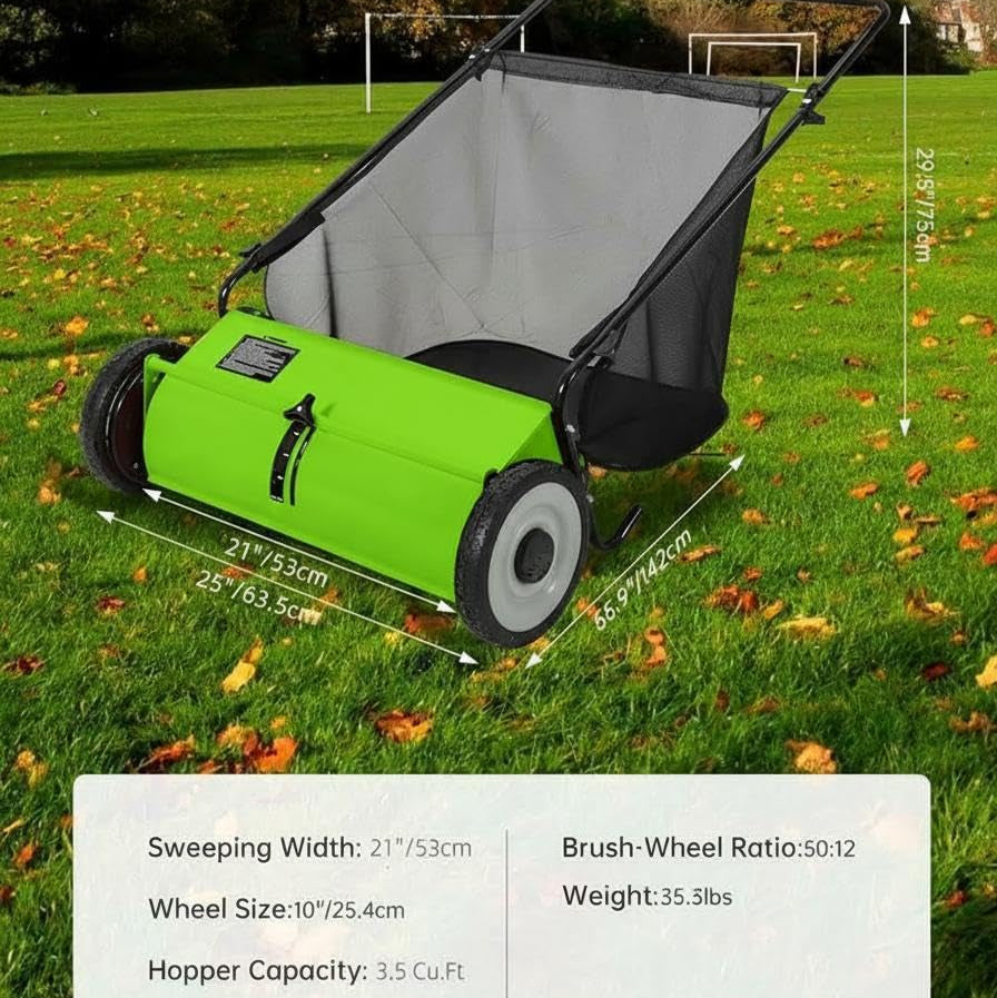Garvee 21" Push Lawn Sweeper with 4-Brush System, Heavy Duty Steel Yard Leaf Collector, Adjustable Height, 3.5 Cu Ft Bag, Manual Grass & Lawn Cleaner Light Green
