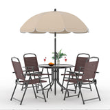 Garvee 6-Piece Outdoor Dining Set with Umbrella, Tempered Glass Table, Folding Chairs, Breathable Fabric, Steel Frame, Patio Garden - Khaki