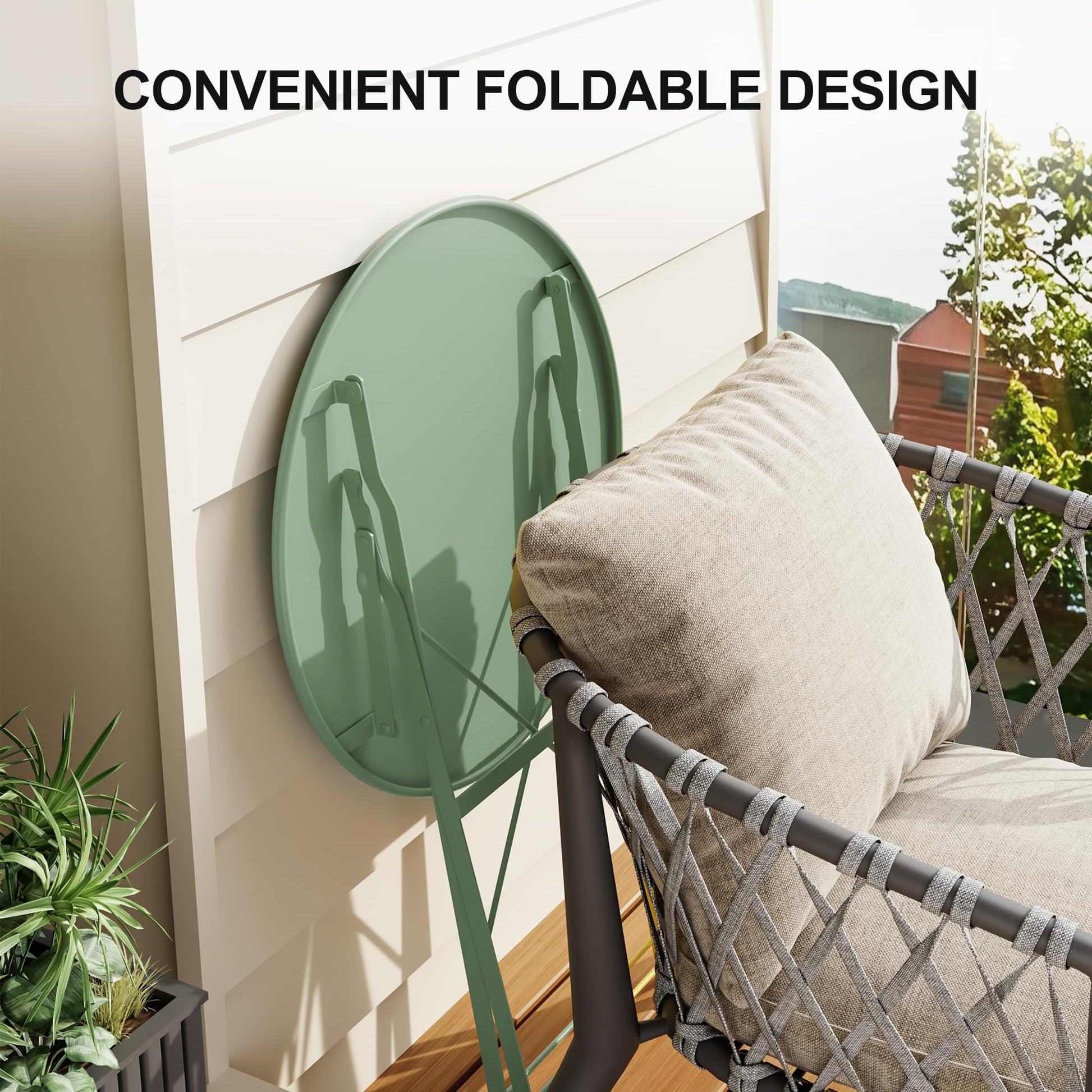 Garvee 3-Piece Folding Patio Bistro Set, Powder-Coated Metal Table and 2 Chairs for Balcony, Porch, Garden, Small Outdoor Spaces,Green