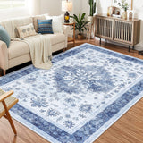 Garvee Washable 2x3 Area Rugs Entryway Rugs for Kitchen Bathroom Non-Slip Traditional Door Mat Boho Vintage Stain Resistant Ultra-Thin Small Throw Carpet for Bedroom Entry Blue - Blue
