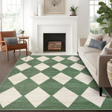 Garvee Plaid Green 9x12 Washable Checkered Area Rug Non-Slip Soft Low Pile Trellis Design Green Living Room Bedroom - Green