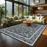 Garvee Vintage Floral 9x12 Area Rug, Washable Non-Slip Stain Resistant Soft Low-Pile Fabric, Durable Edges, Blue, Living Room Bedroom Dining Room - Blue