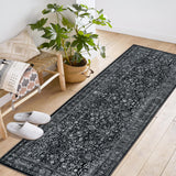 Garvee Persian Black 2x6 Vintage Floral Boho Area Rug for Living Room Bedroom, Large Washable Faux Wool, Non-Slip Low Pile Carpet, Kids and Pets Friendly - Black