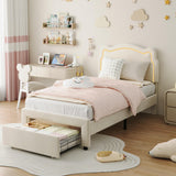 Garvee Kids Bed Frame with Drawer, Velvet Upholstered Platform Twin Bed Frame with Smart LED & Adjustable Headboard, No Box Spring Needed, Easy Assembly, Noise-Free, Beige - Beige