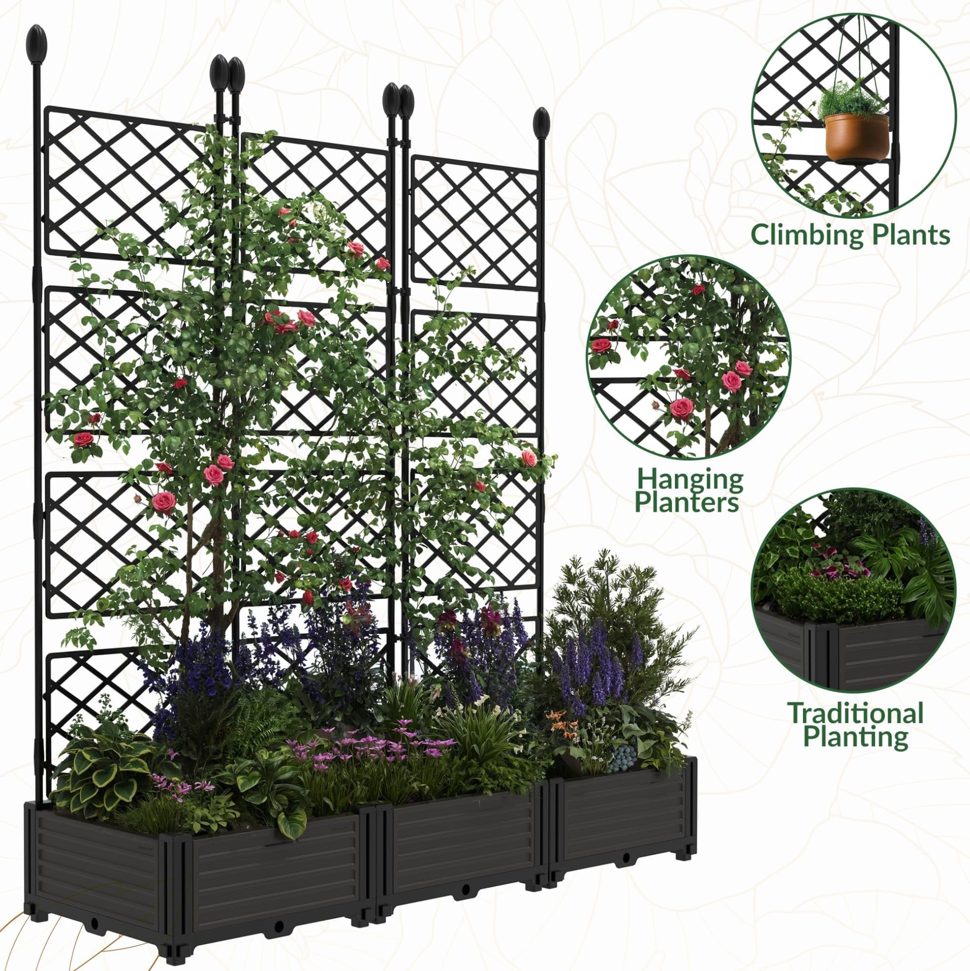 Garvee 3 PCS Raised Garden Bed with Trellis, 48" x 63" Plastic Planter Box for Climbing Plants, Outdoor Vertical Garden with Privacy Screen for Patio, Balcony, Backyard – Sturdy & Lightweight