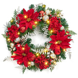 Garvee 24 Inch Pre-Lit Christmas Wreath for Front Door, 20 LED Lights, Battery Operated & Ball Ornaments for Fireplace Window, Holiday Decor, Xmas Lighted Wreath with Flower - Red & Green