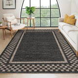 Garvee Large Area Rug 9x12 Modern Geometric Checkered Border, Non Slip TPR Backing, Low Pile Soft Polyester Fiber, Washable, Durable Edges, Indoor Living Room - Black