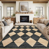 Garvee Plaid Black Beige 9x12 Modern Machine Washable Area Rug - Non-Slip, Stain-Resistant - Plush Soft Material - No Shedding, Easy Clean Kids Room, Living Room - Black Beige
