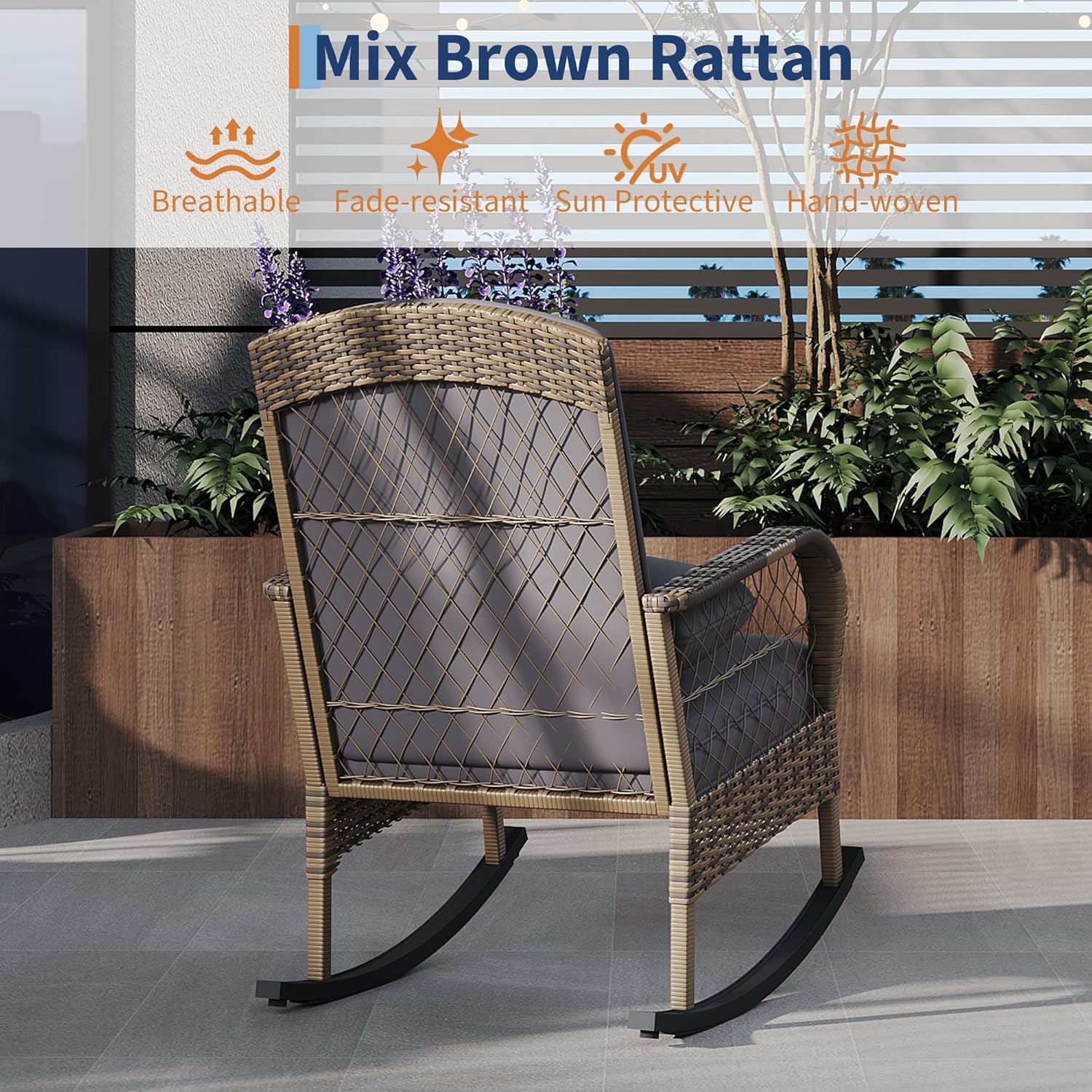 Garvee Set of 2 Outdoor Wicker Rocking Chairs, PE Rattan Patio Rockers with Thick Cushions & Steel Frame for Porch, Garden, Backyard & Deck