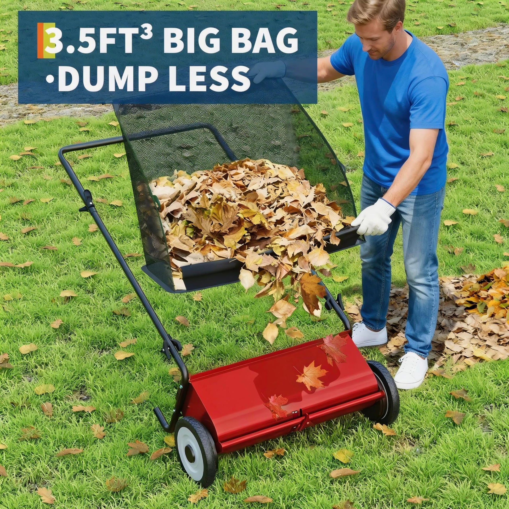 Garvee 21" Push Lawn Sweeper with 4-Brush System, Heavy Duty Steel Yard Leaf Collector, Adjustable Height, 3.5 Cu Ft Bag, Manual Grass & Lawn Cleaner Red
