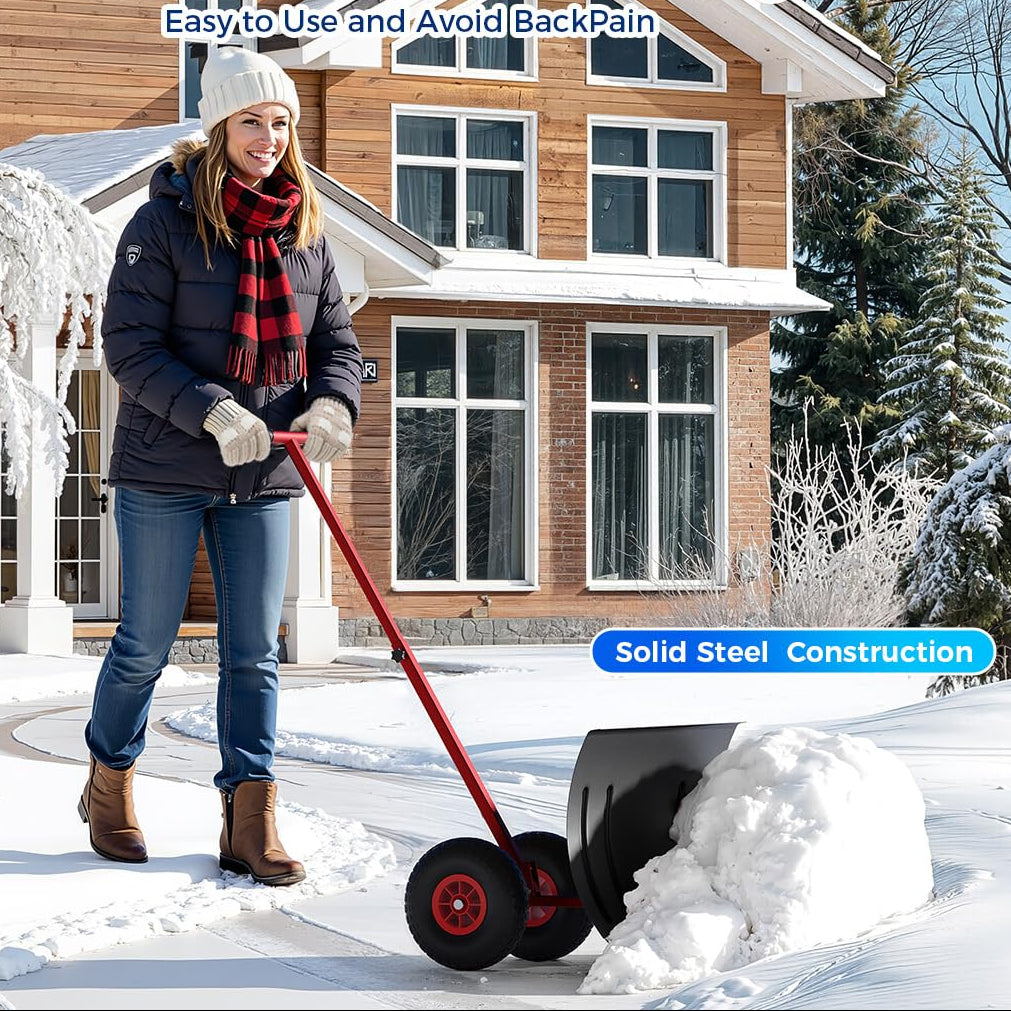 Garvee Heavy-Duty Snow Pusher with Wheels 30in Wide Blade 5-Position Adjustable Handle Steel Frame Anti-Slip Wheels Driveway Sidewalk
