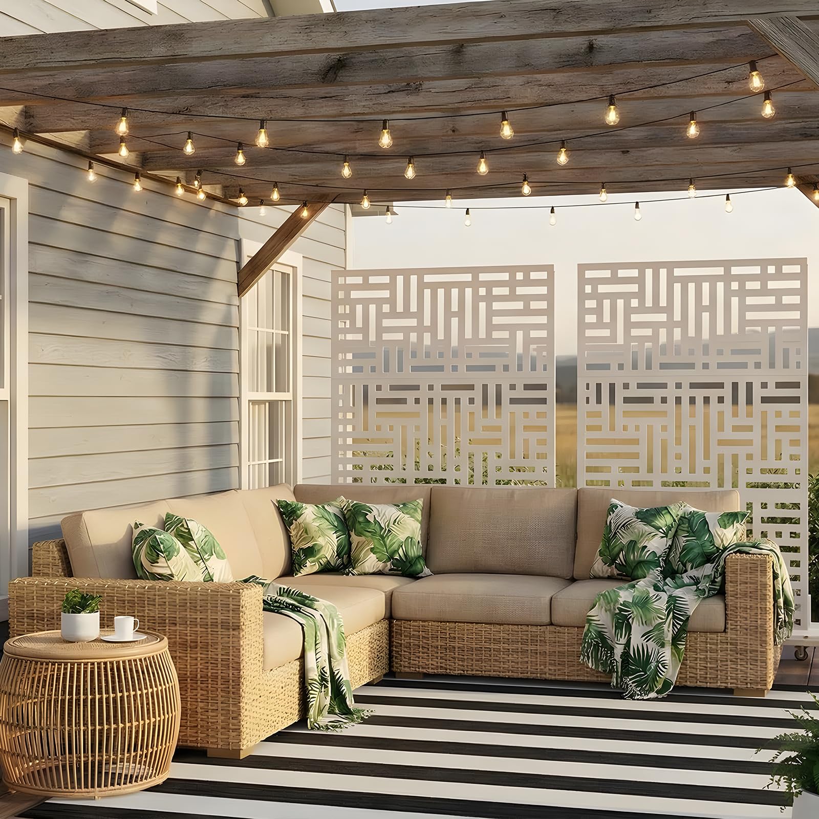 Garvee 70"x47" 3-Panel Metal Outdoor Privacy Screen in Geometry Design for Patio, Deck, Balcony, Yard and Garden, White