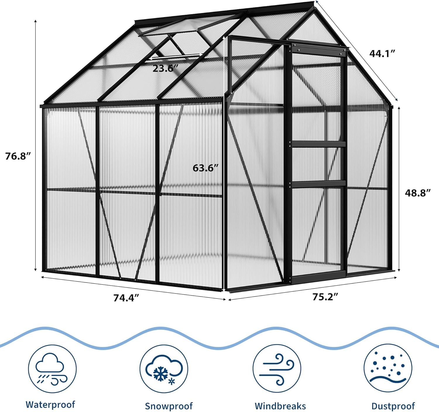 Garvee 6x6 FT Black Polycarbonate Greenhouse Kit – Walk-In Aluminum Frame, Lockable Door, Adjustable Roof Vent, Weather-Resistant, Easy Assembly, Gutter System for Outdoor Garden, Patio, Backyard
