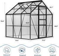 Garvee 6x6 FT Black Polycarbonate Greenhouse Kit – Walk-In Aluminum Frame, Lockable Door, Adjustable Roof Vent, Weather-Resistant, Easy Assembly, Gutter System for Outdoor Garden, Patio, Backyard