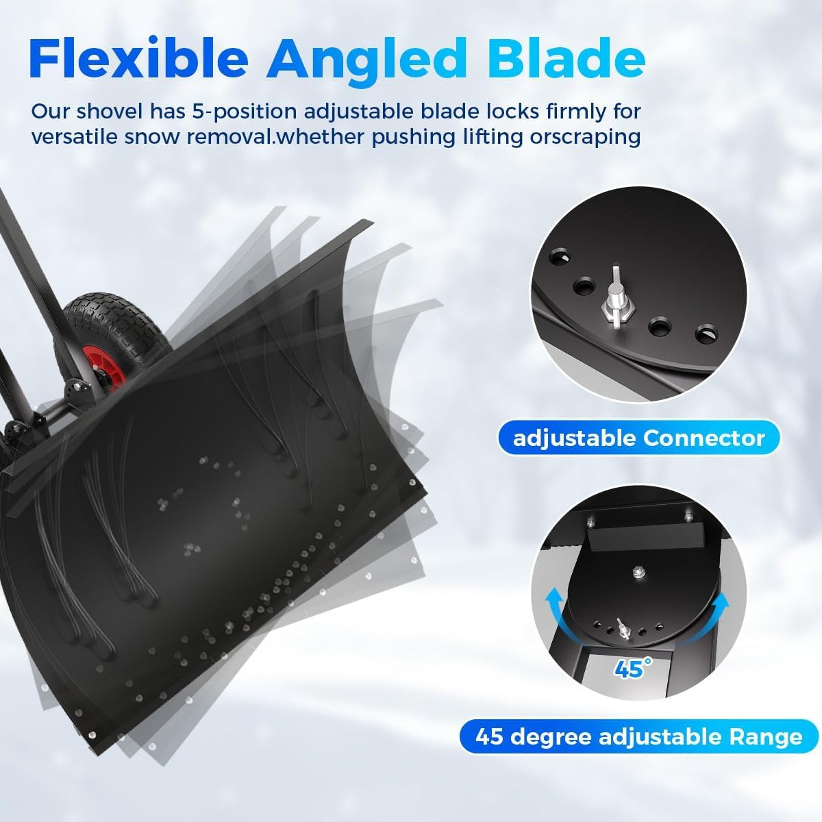 Garvee 29"Snow Pusher Shovel with Wheels,Heavy Duty Steel Snow Shovel with Wheels,Angled Blade Efficient Snow Removal With5-Position Angled Blade & Adjustable Handle for Doorway, Sidewalk