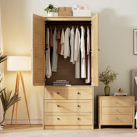Garvee 70" Wardrobe Armoire Wooden Closet with 2 Doors and 3 Drawers, Bedroom Armoire with Hanging Rod Shelf, Large Capacity Storage Wardrobe Armoire, Freestanding Wooden Closet Storage Cabinet
