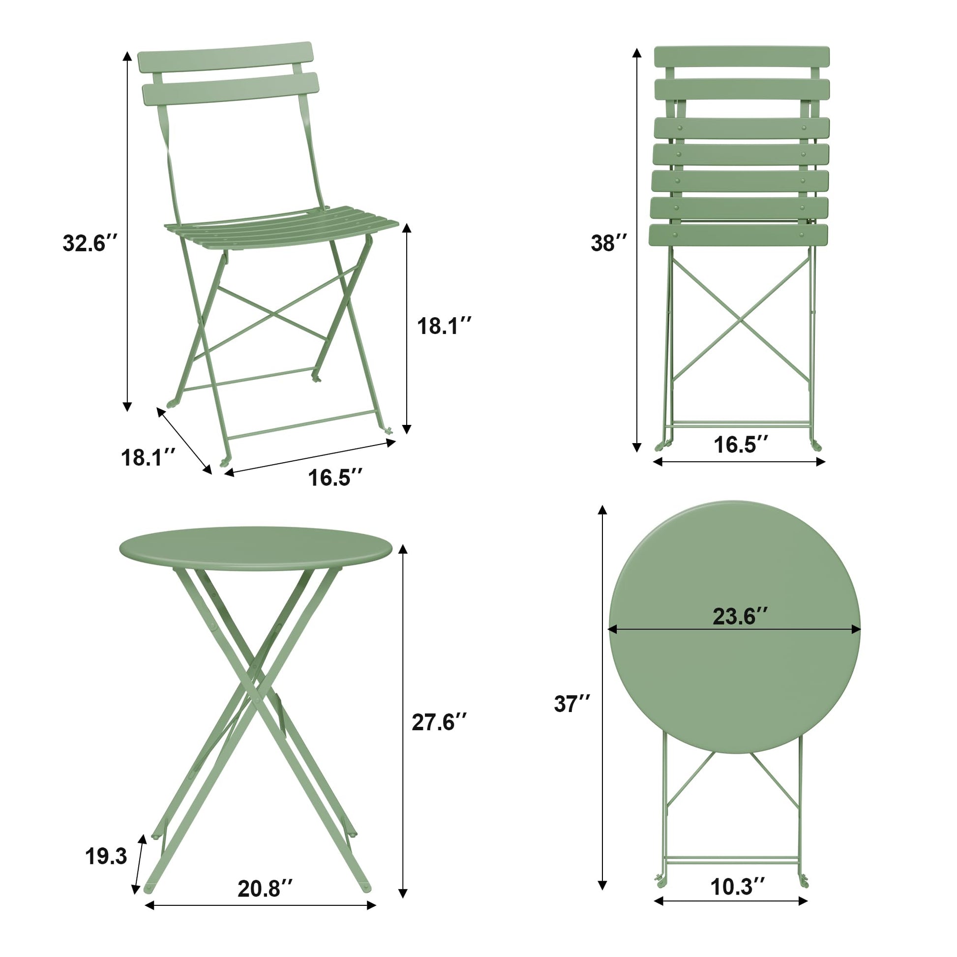 Garvee 3-Piece Folding Patio Bistro Set, Powder-Coated Metal Table and 2 Chairs for Balcony, Porch, Garden, Small Outdoor Spaces,Green