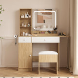 Garvee Vanity Desk with Mirror and Lights, Natural Makeup Vanity with Charging Station, Dressing Table Set with Storage Chair, Drawer Shelves, and Foldable Panel for Compact Space Bedroom, Natural - Nature Wood