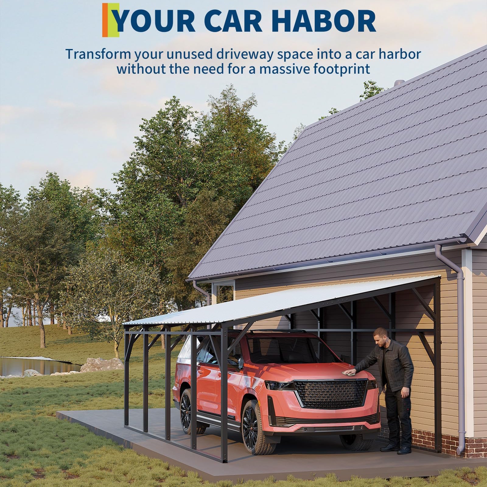Garvee Lean-to Metal Carport 12' × 20', 240 sq.ft Wall-Mounted Car Port with 11.5° Vertical Roof, 19-Ga Steel Frame for SUV & Pickup