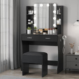 Garvee Makeup Vanity Desk with Mirror and 12 LED Lights, Vanity Table with Power Outlet, 2 Drawers 6 Shelves, Hair Dryer Holder & Stool, Modern Dressing Table Furniture with Storage for Bedroom, Black - Black