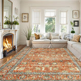 Garvee Washable 5x7FT Area Rug with Non-Slip Rubber Backing, Soft Faux Wool, Stain Resistant, Vintage Botanical Style for Living Room - Orange