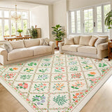 Garvee Large Dining Room Rug 10x13 Floral Diamond Pattern Stain-Resistant Soft Polyester Low Pile Non-Slip Beige Farmhouse Living Room Office - Beige