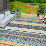 Garvee Outdoor Teal & Yellow 9x12 Patio Rug, Plastic Straw Waterproof UV-Resistant Reversible with Stakes Portable for RV Deck Picnic - Teal & Yellow