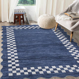 Garvee Bordered Dark Blue 9x12 Scalloped Washable Area Rug Modern Border, Stain Resistant, Ultra-Soft Polyester, Non-Slip Backing, Pet & Kid Friendly for Living Room - Dark Blue