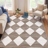 Garvee Plaid Brown 10x13 Distressed Checkered Area Rug Soft Washable Non-Slip TPR Backing Polyester Yarn Low Pile Brown 10x13 Living Room Bedroom Nursery - Brown