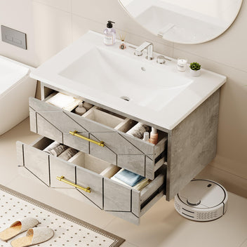 Garvee Modern 24" Floating Bathroom Vanity in Humidity-Resistant Design with Soft-Close Drawers and Gold Handles, Grey