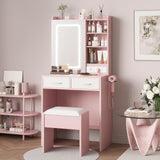 Garvee Makeup Vanity Desk with Mirror and Lights, Vanity Table with Charging Station, Power Outlets & USB Ports, Drawers, Shelves, Stool Included, LED Vanity Desk for Bedroom, Pink - Pink
