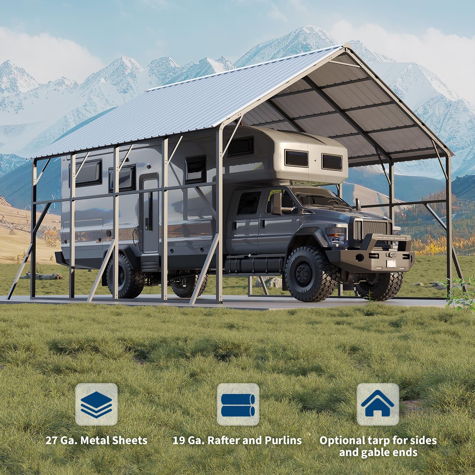 Garvee Heavy-Duty 20x20 ft Metal Carport Garage – 2-Car Shelter – 120° Steep Tone Vertical Roof for Best Snow Shedding – 173" High for RVs & Tractors