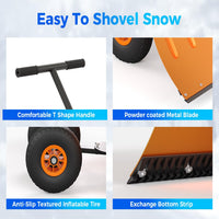 Garvee 29"W X 20"H Snow Shovel with Wheels Heavy Duty Steel 5-Position Adjustable Handle Anti-Skid Tires Quick Assembly for Driveway and Sidewalk