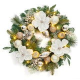 Garvee Christmas Wreath with Lights, 24 in Outdoor Christmas Wreaths for Front Door, Battery Operated Xmas Wreath with Magnolia Flower, Gold Ball Ornamants & 20 LED Lights for Home Holiday Decor - White Gold