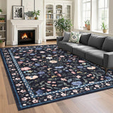 Garvee Vintage Floral Area Rug 10x13 Non-Slip Soft Low Pile Faux Wool Polyester Thermoplastic Rubber Washable for Living Room Bedroom - Dark Blue