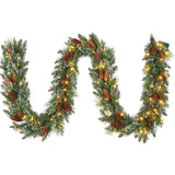 Garvee 9FT Battery Operated Christmas Garland with Warm LED Lights, Pine Cones & Berries, Flexible PVC, Fire-Resistant, Prelit Indoor/Outdoor Decor - Green and White