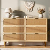 Garvee Rattan 6 Drawer Dresser for Bedroom, Large Double Dresser with Deep Drawers, Wooden Chest of Drawers for Closet with Wide Top, for Living Room, Hallway, Kids Room, Natural - Natural