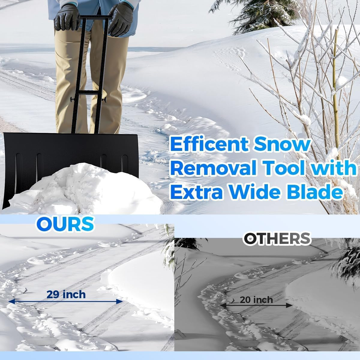 Garvee 29"Snow Pusher Shovel with Wheels,Heavy Duty Steel Snow Shovel with Wheels,Angled Blade Efficient Snow Removal With5-Position Angled Blade & Adjustable Handle for Doorway, Sidewalk